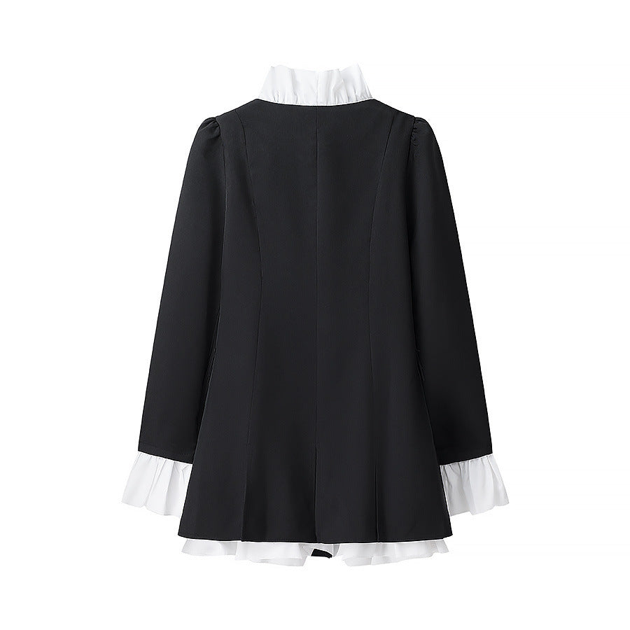 Altair Contrast Ruffled Shirt Patchwork Button Pleated Blazer Mini Dress