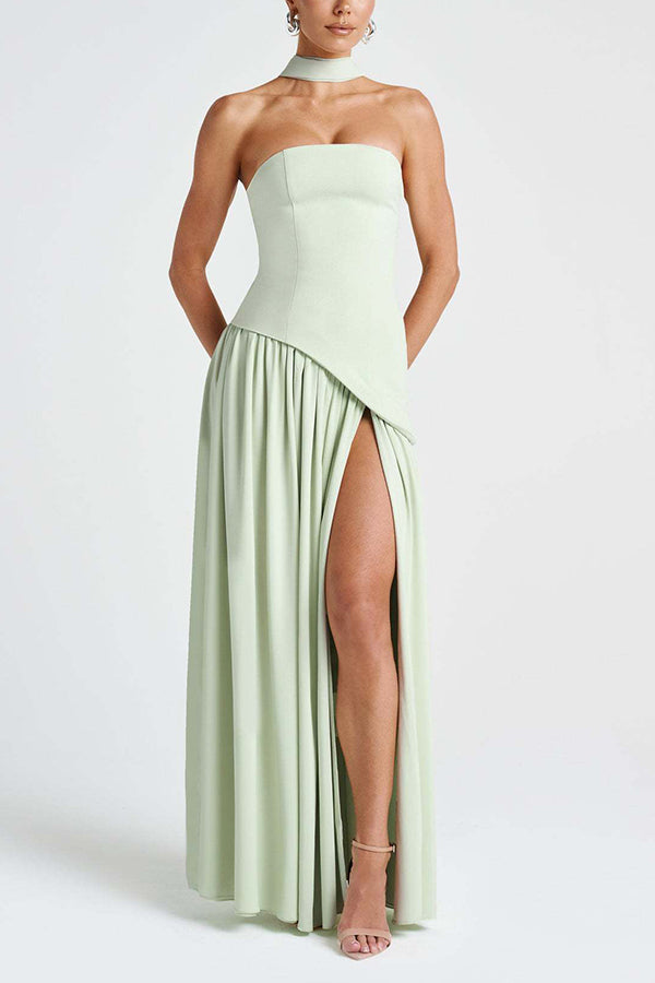 Elegant Off Shopulder Chiffon Pleated Hem Scarf Slit Maxi Dress