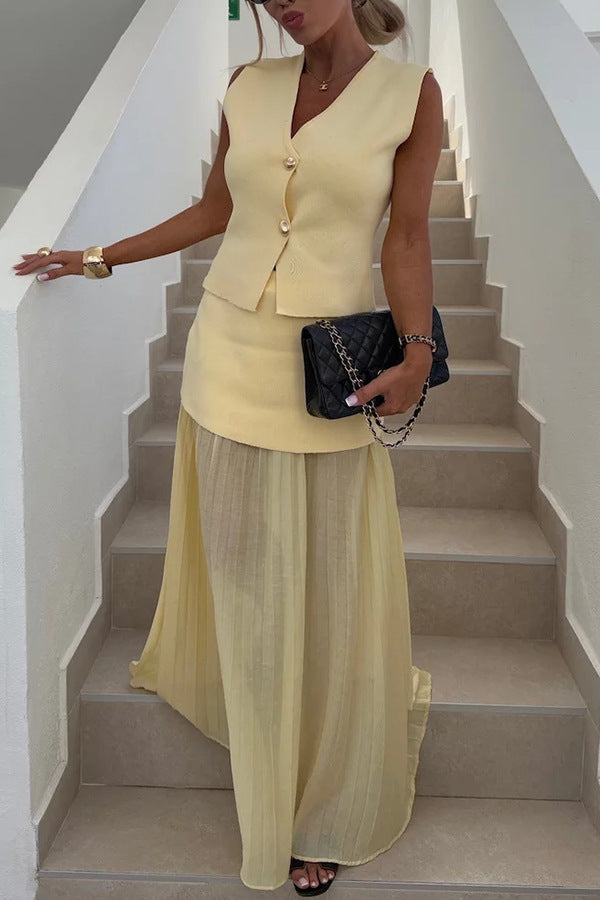 Stylish and Elegant Knit Spliced Tulle Elastic Waist Pleated Maxi Skirt