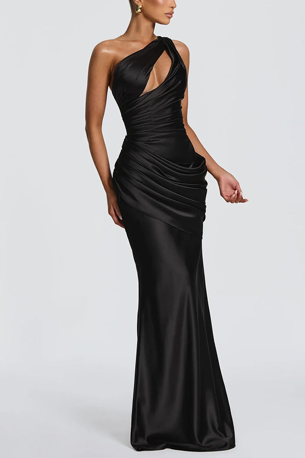 Emina Satin One Shoulder Asymmetrical Neck Cutout Back Lace-up Drape Maxi Dress