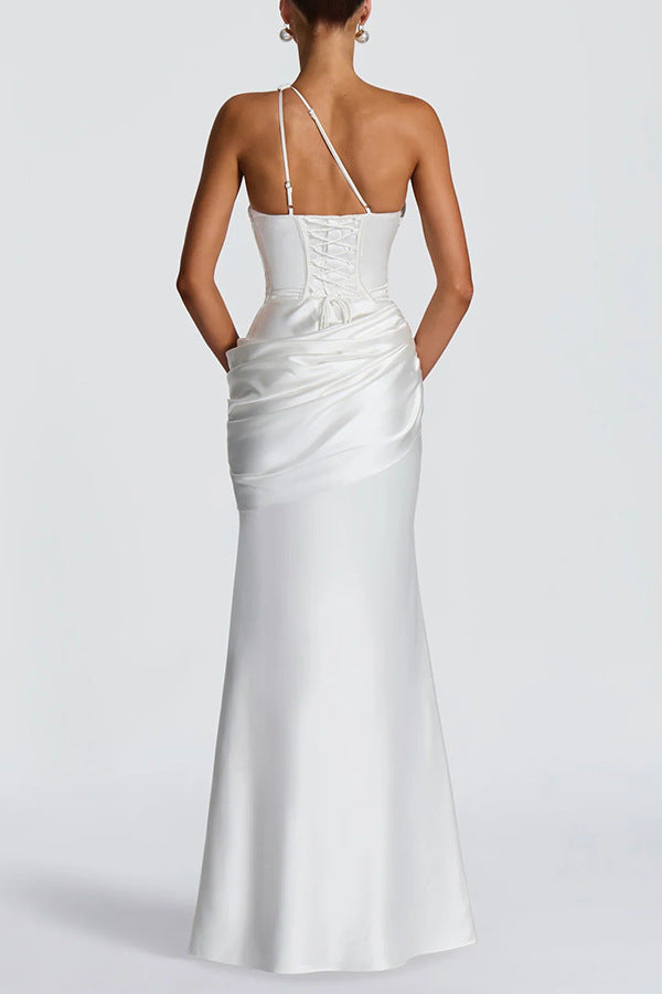 Emina Satin One Shoulder Asymmetrical Neck Cutout Back Lace-up Drape Maxi Dress