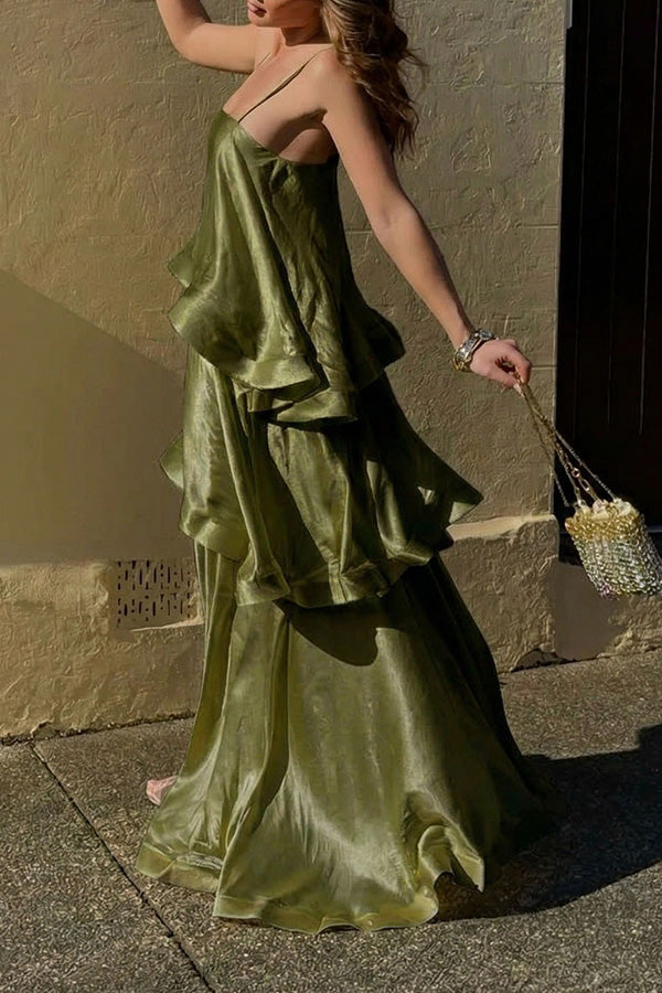 Soft and Smooth Satin Tiered Slip Square Neck A-line Maxi Dress