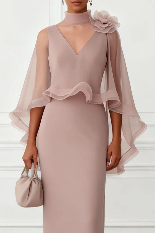 Tallisa 3D Floral Mesh Mock Neck Half Cape Sleeve Gown Maxi Dress