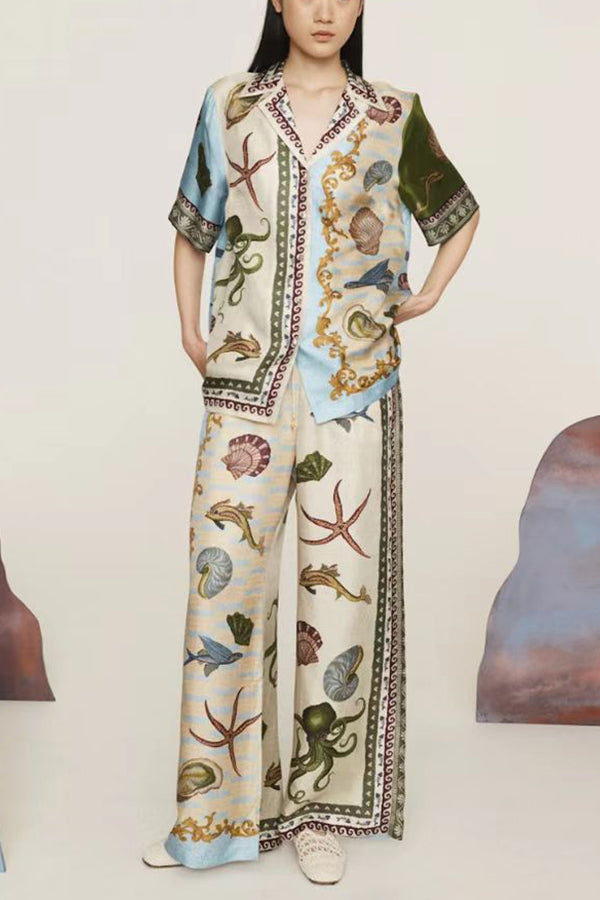 Deep Sea Dreaming Satin Unique Print Short Sleeve Shirt and Elastic Waist Pocketed Pants Set