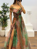 Fairy Flower Feather Pendant Elegant Fallen Fold Off Shoulder Party Split Design Long Dress