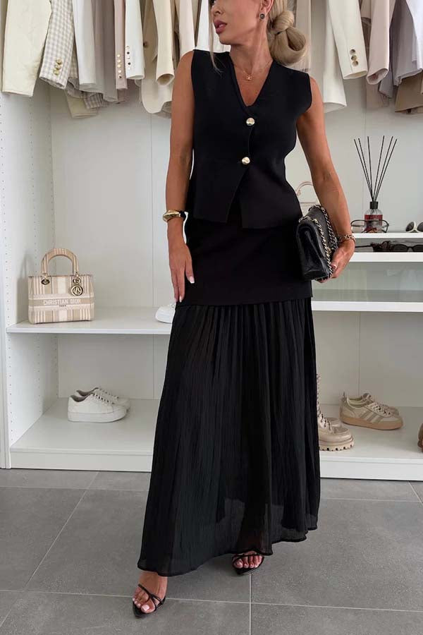 Stylish and Elegant Knit Spliced Tulle Elastic Waist Pleated Maxi Skirt