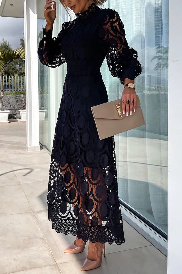 French party sensual party elegant crochet lace lantern sleeves party MIDI skirt