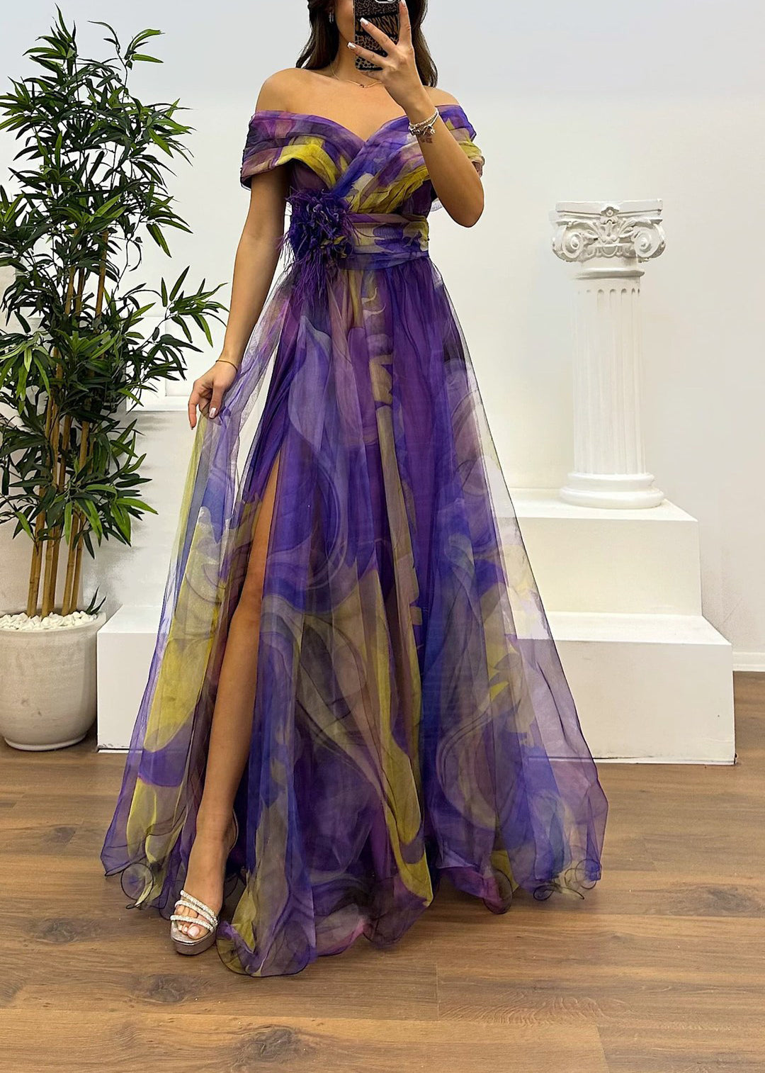 Fairy Flower Feather Pendant Elegant Fallen Fold Off Shoulder Party Split Design Long Dress