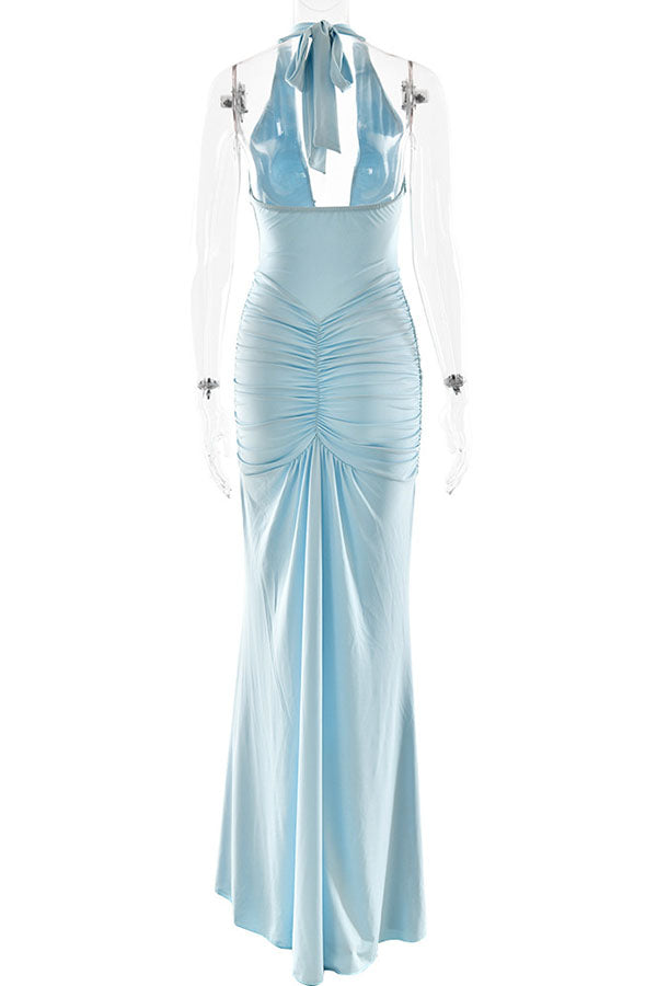 Solid Color Elegant Halterneck V-neck Open Back Tie Gathered Maxi Dress