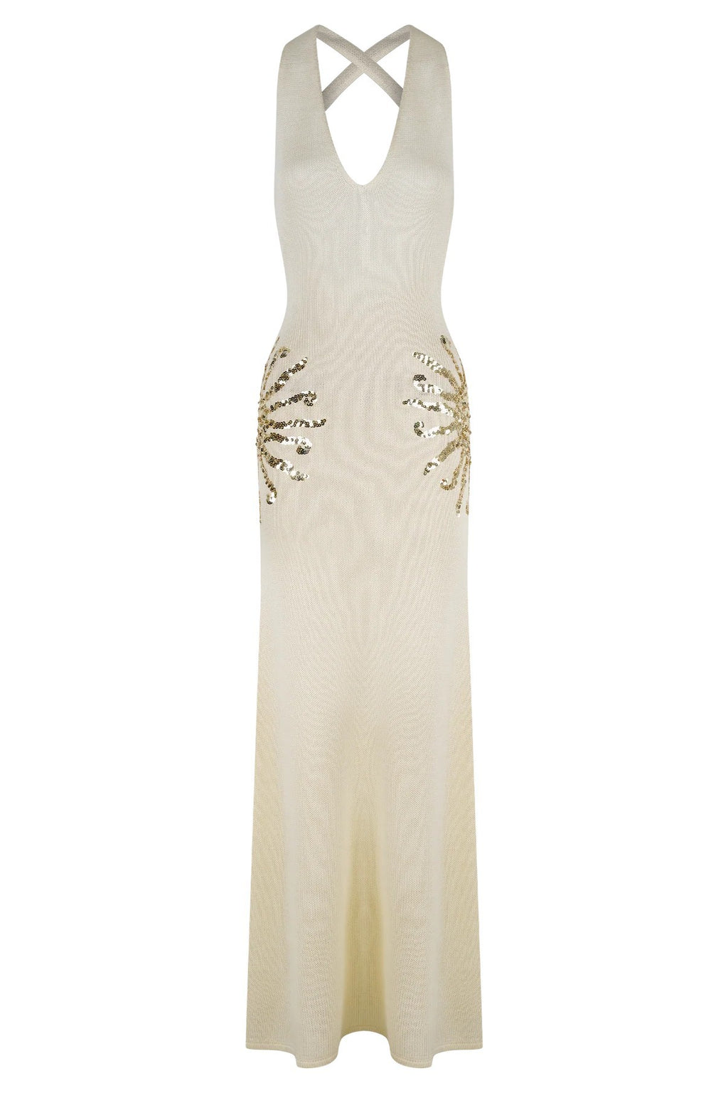 Sparkling Nights Knit Sunburst Sequin Detail Back Cross Straps Stretch Maxi Dress