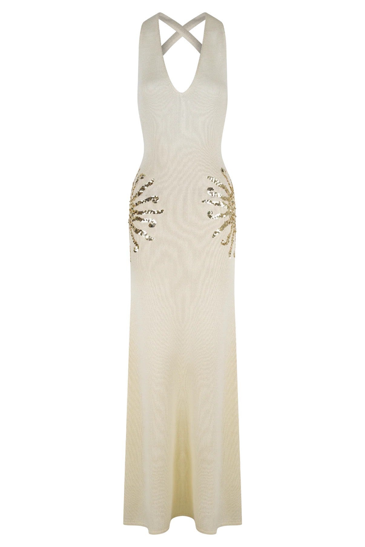 Sparkling Nights Knit Sunburst Sequin Detail Back Cross Straps Stretch Maxi Dress