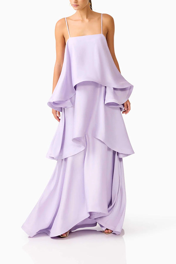 Soft and Smooth Satin Tiered Slip Square Neck A-line Maxi Dress