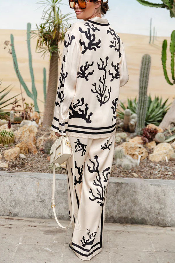 Light and Comfortable Satin Unique Print Elastic Waist Pocketed Wide Leg Pants