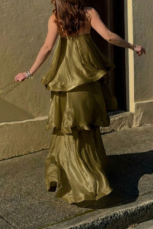 Soft and Smooth Satin Tiered Slip Square Neck A-line Maxi Dress