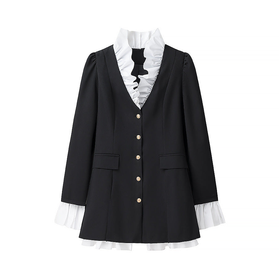 Altair Contrast Ruffled Shirt Patchwork Button Pleated Blazer Mini Dress