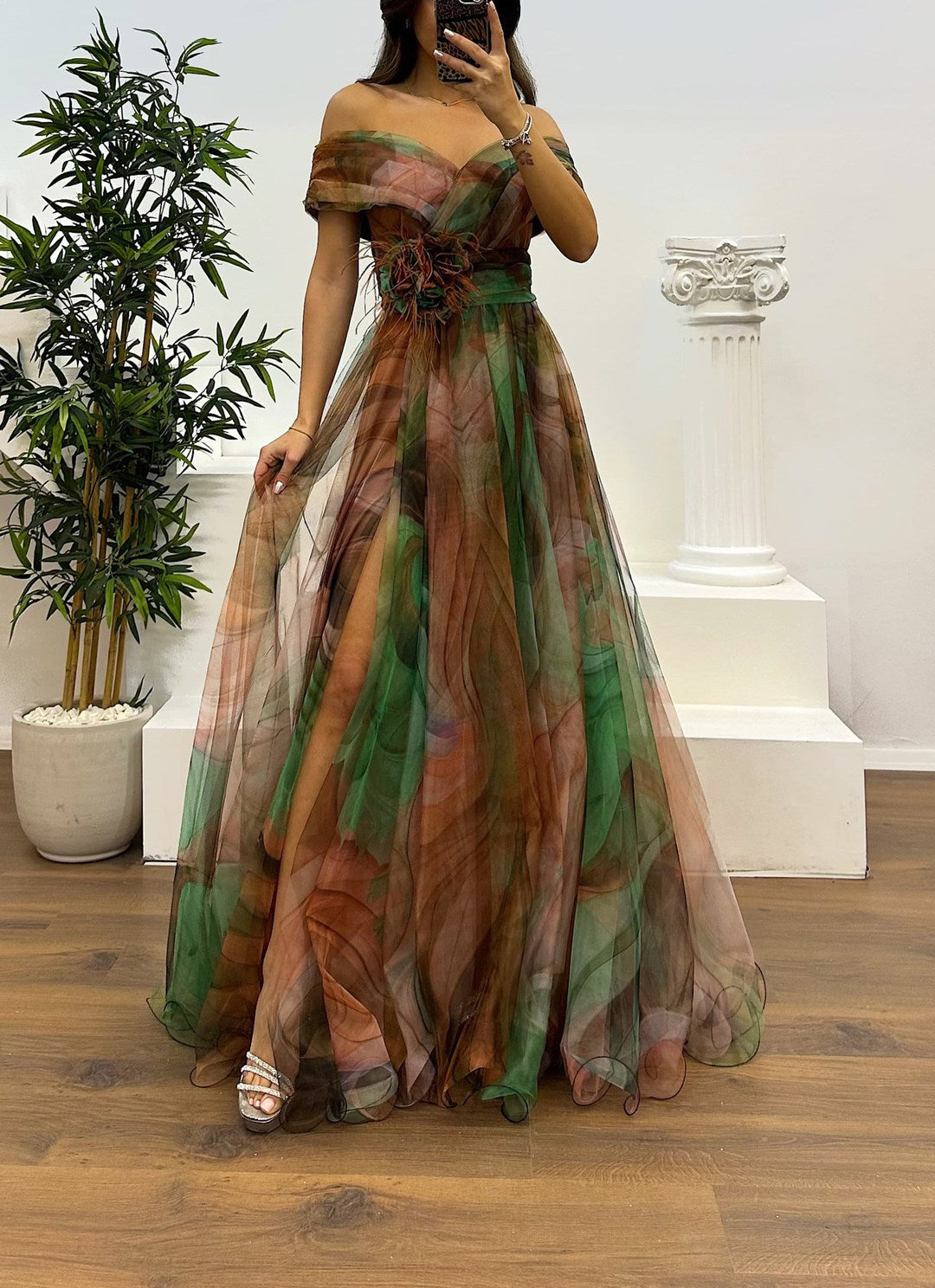 Fairy Flower Feather Pendant Elegant Fallen Fold Off Shoulder Party Split Design Long Dress