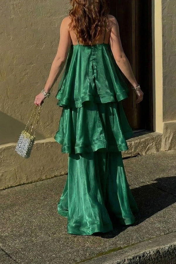 Soft and Smooth Satin Tiered Slip Square Neck A-line Maxi Dress