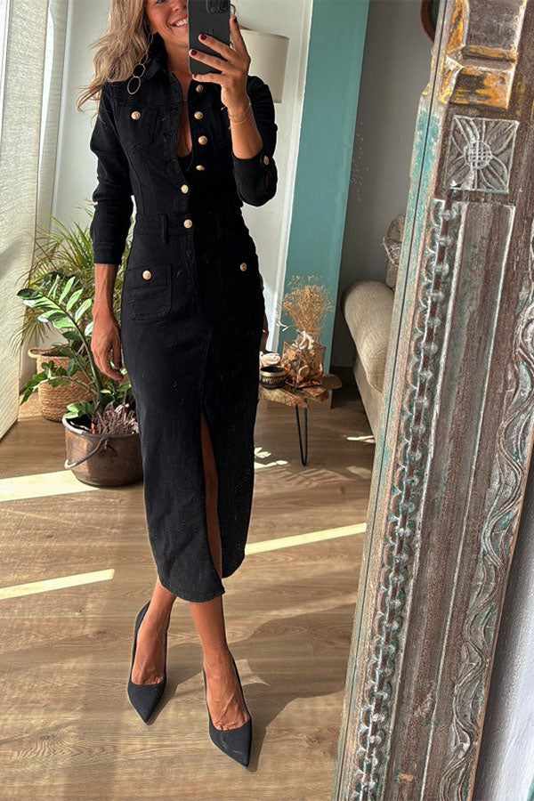 Tessy Denim Metal Button Zipper Shirt Stretch Pencil Slit Midi Dress