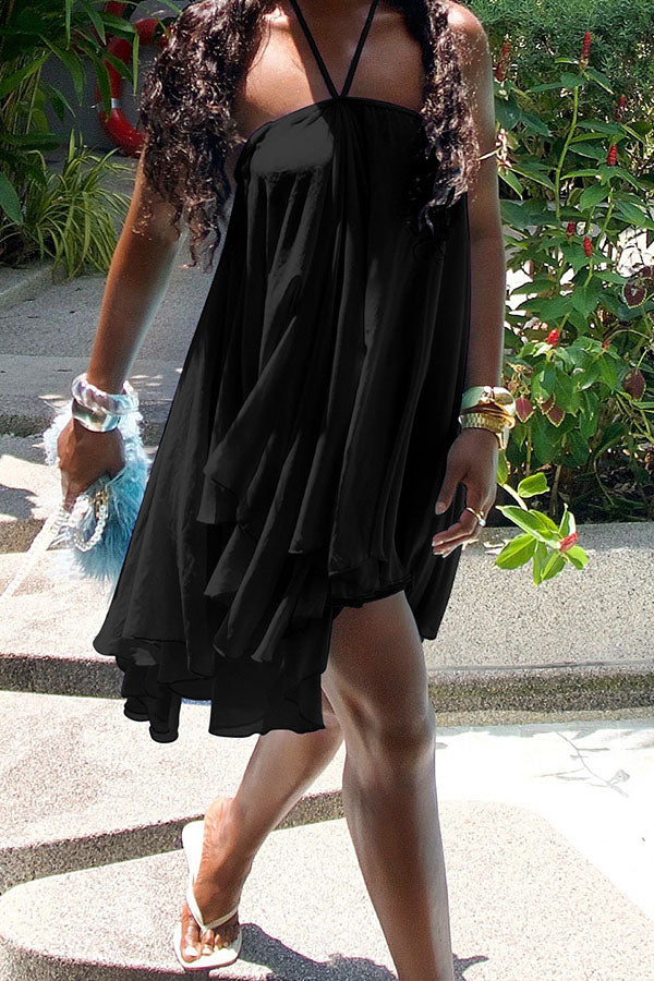 Chiffon Solid Color Halter Backless Irregular Mini Dress