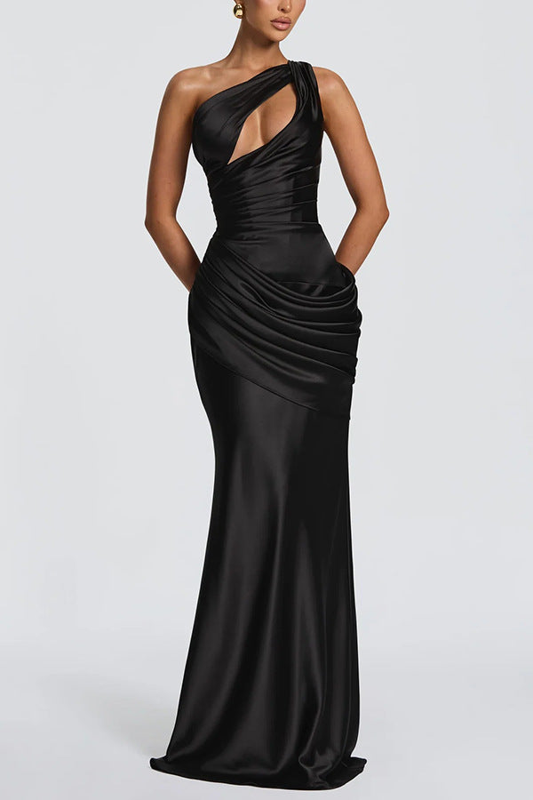 Emina Satin One Shoulder Asymmetrical Neck Cutout Back Lace-up Drape Maxi Dress (red)