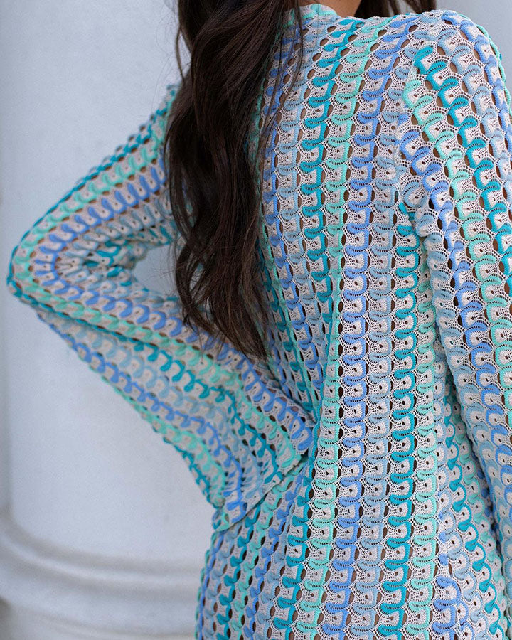 Eleanor Knit Colorful Wave Unique Print Shirt U-neck Long Sleeve Slit Maxi Dress
