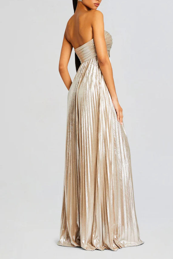 Metallic Sexy Tube Top Pleated High Slit Maxi Dress