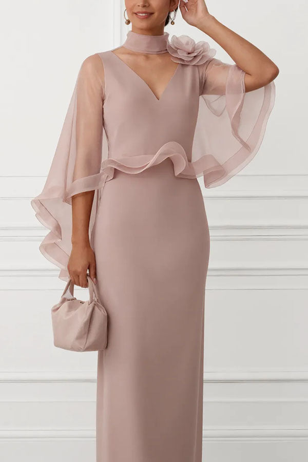 Tallisa 3D Floral Mesh Mock Neck Half Cape Sleeve Gown Maxi Dress