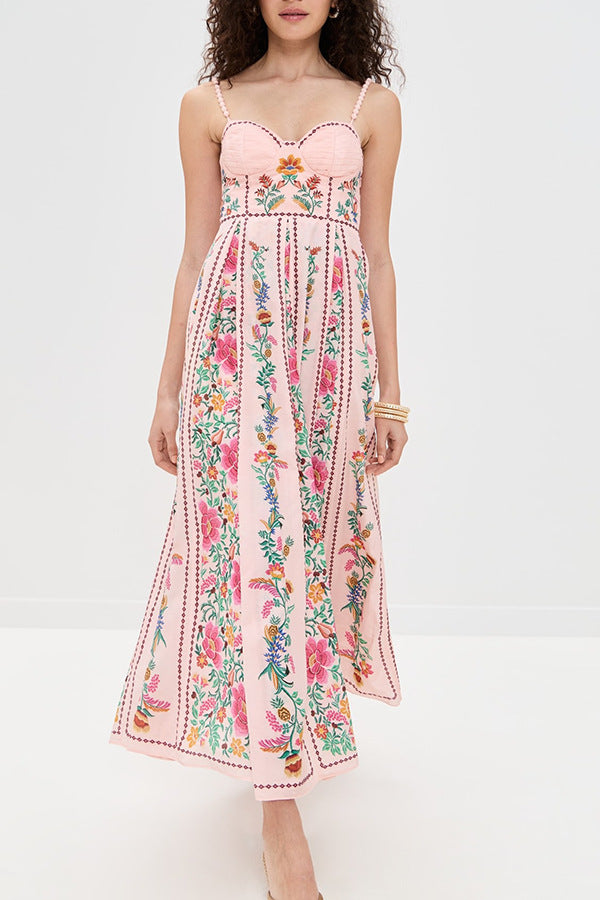 Linen Blend Delicate Forest Unique Print Sweetheart Neck Beaded Straps Maxi Dress