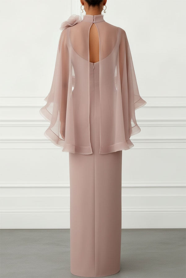 Tallisa 3D Floral Mesh Mock Neck Half Cape Sleeve Gown Maxi Dress