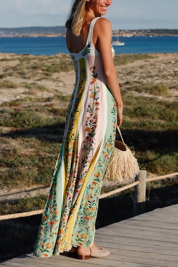 Sweet Garden Linen Blend Color Block Floral Paneled Maxi Dress