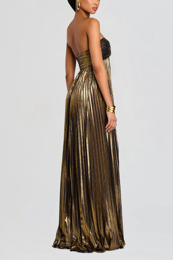 Metallic Sexy Tube Top Pleated High Slit Maxi Dress
