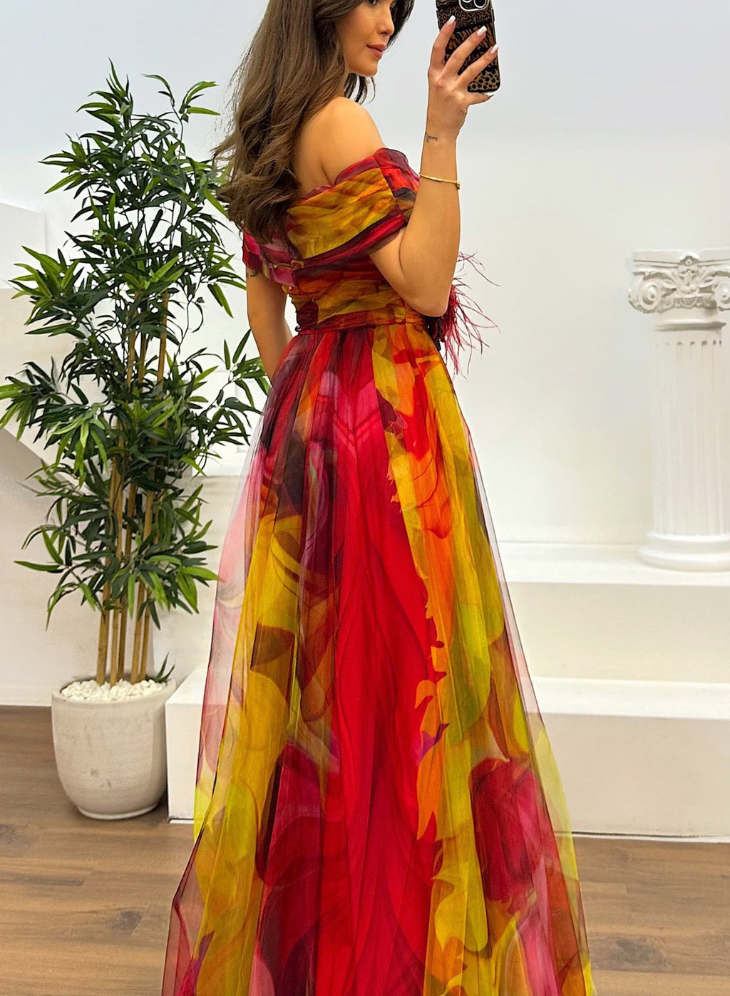 Fairy Flower Feather Pendant Elegant Fallen Fold Off Shoulder Party Split Design Long Dress