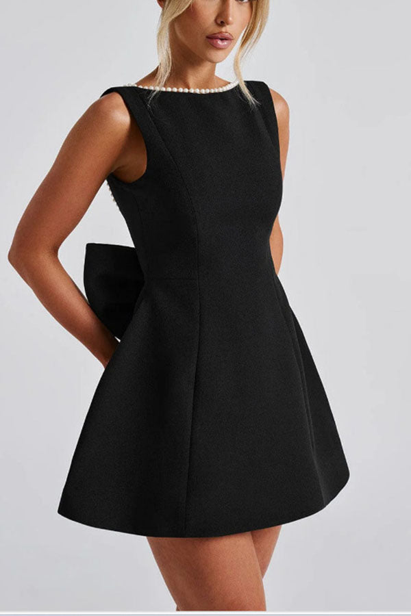 Stylish Pearl-embellished Large Bow Slim-fit Mini Dress