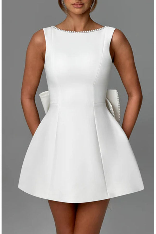 Stylish Pearl-embellished Large Bow Slim-fit Mini Dress