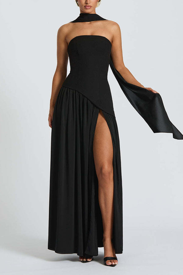 Elegant Off Shopulder Chiffon Pleated Hem Scarf Slit Maxi Dress