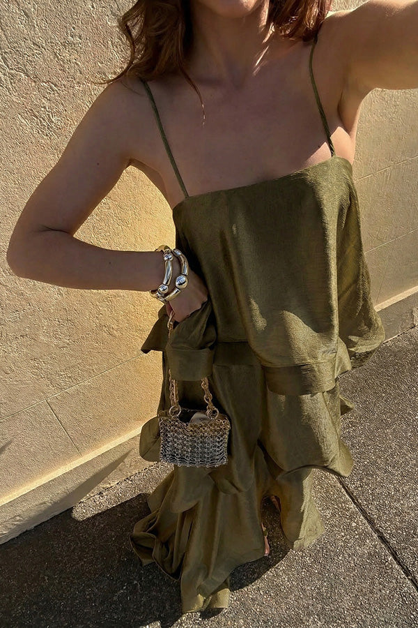 Soft and Smooth Satin Tiered Slip Square Neck A-line Maxi Dress