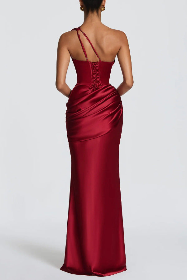 Emina Satin One Shoulder Asymmetrical Neck Cutout Back Lace-up Drape Maxi Dress (red)