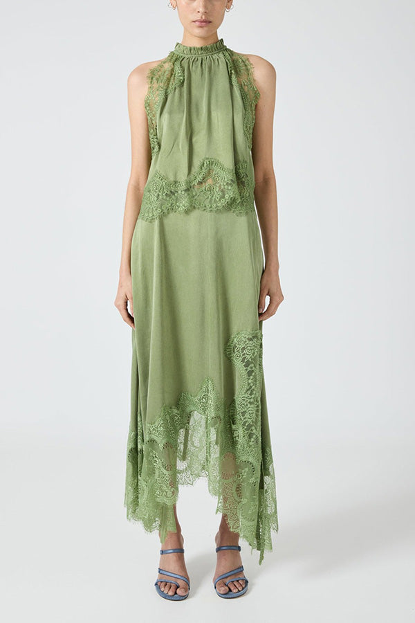 Modern Muse Satin Lace Trim Pleated Neck Top and A-line Irregular Slit Skirt Set