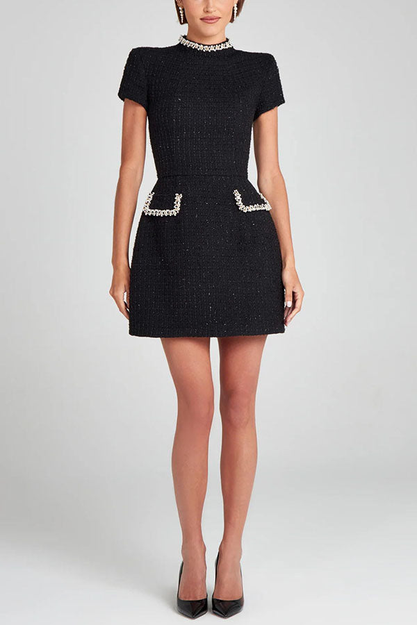 Exquisite and Playful Tweed Fabric Pearl Trim Short Sleeve Pocketed Mini Dress