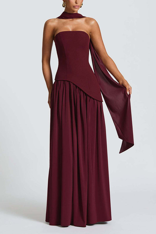Elegant Off Shopulder Chiffon Pleated Hem Scarf Slit Maxi Dress