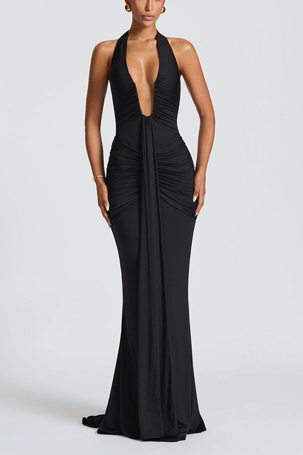 Solid Color Elegant Halterneck V-neck Open Back Tie Gathered Maxi Dress