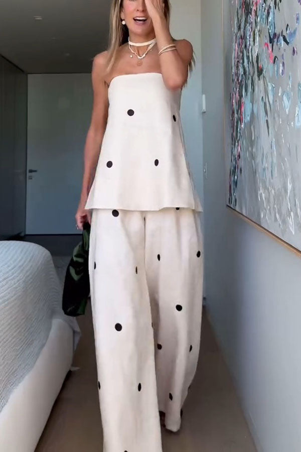 Linen Blend Polka Dot Bandeau Top and Elastic Waist Pocket Wide Leg Pants Set