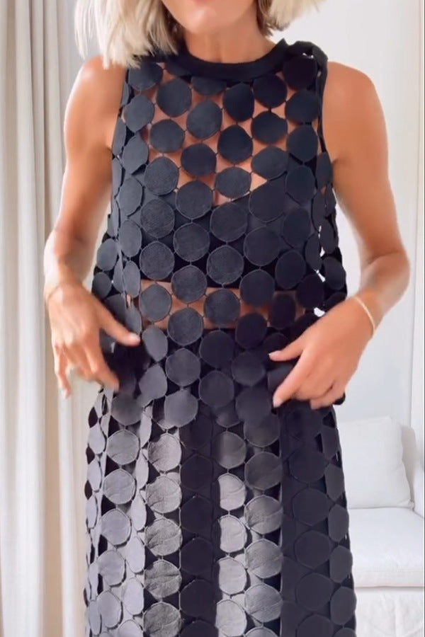 Casie See Through Circle Embroidery Round Neck Sleeveless Tank