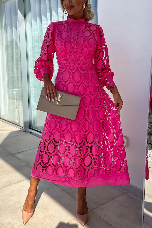 French party sensual party elegant crochet lace lantern sleeves party MIDI skirt