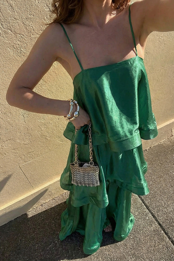 Soft and Smooth Satin Tiered Slip Square Neck A-line Maxi Dress