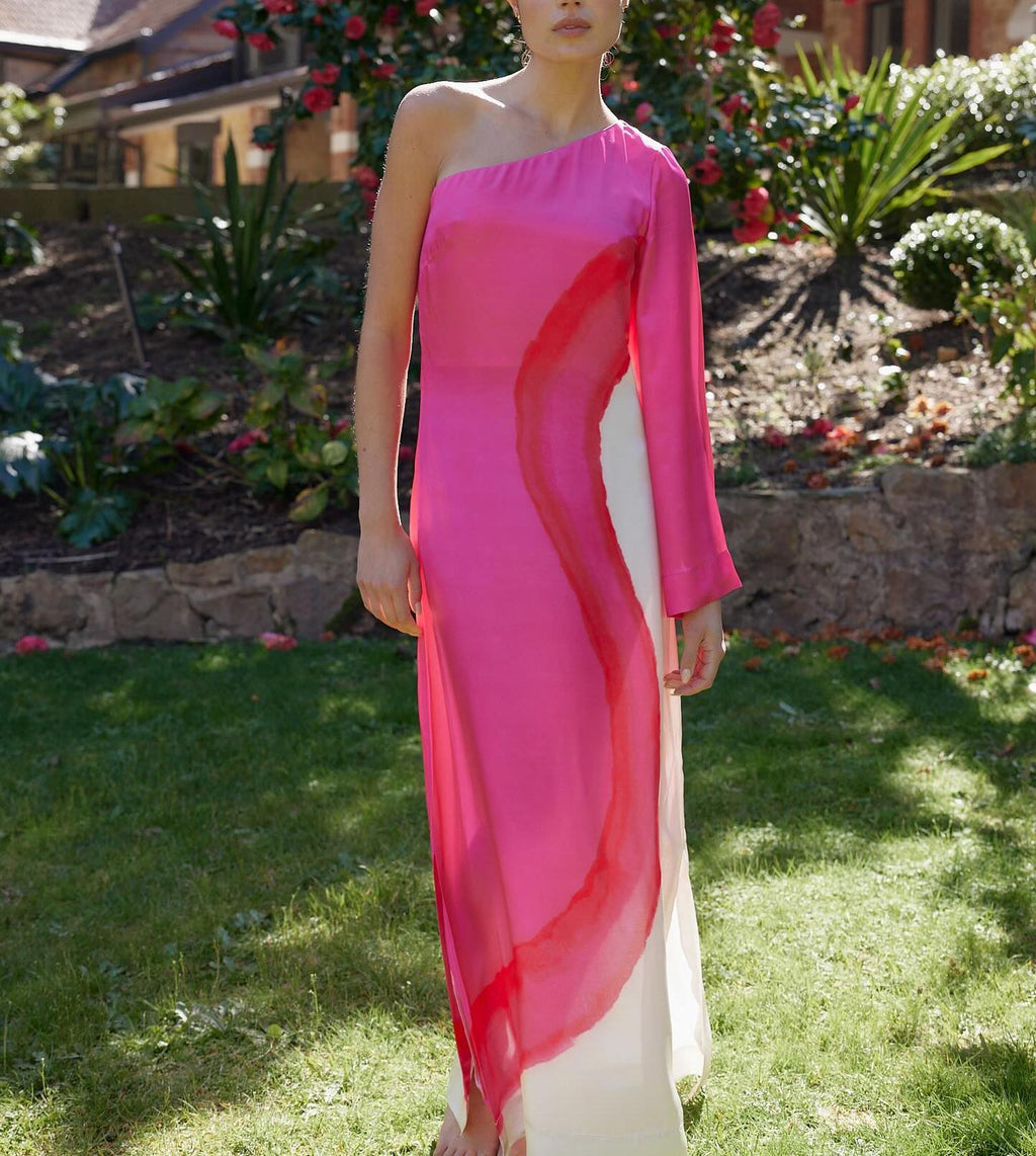 Ladies' fashionable and elegant contrasting printed single sleeve slit long skirt