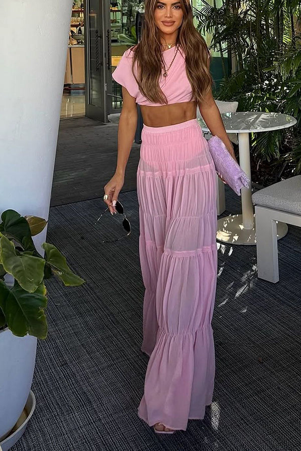 Stunning Chiffon Ruched Shoulder Short Sleeve Crop Top