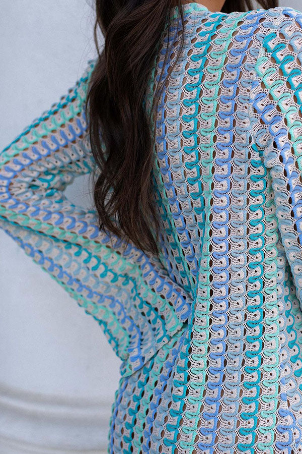 Eleanor Knit Colorful Wave Unique Print Shirt U-neck Long Sleeve Slit Maxi Dress