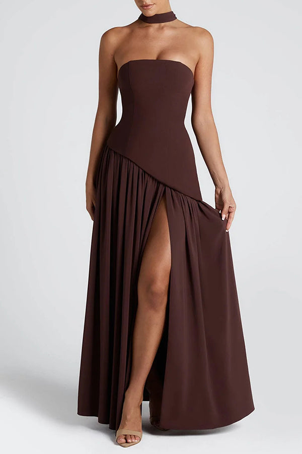 Elegant Off Shopulder Chiffon Pleated Hem Scarf Slit Maxi Dress