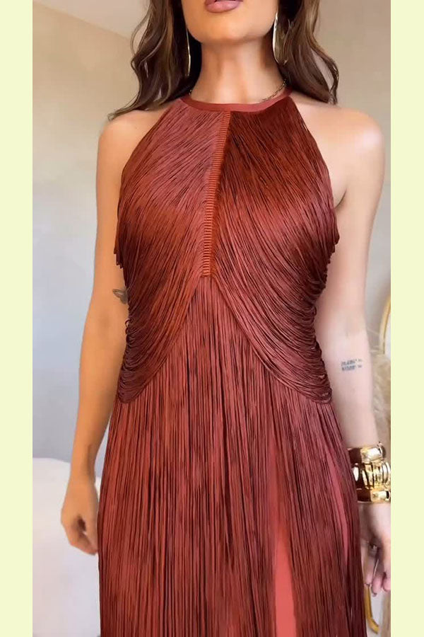 Fashion Sleeveless Halter Neck Elegant Tassel Slim Maxi Dress